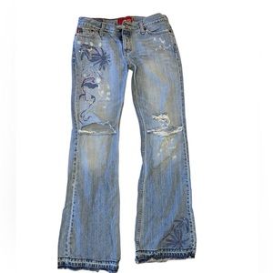 Beautiful vintage Hollister distressed flare jeans with floral designs hippy 7